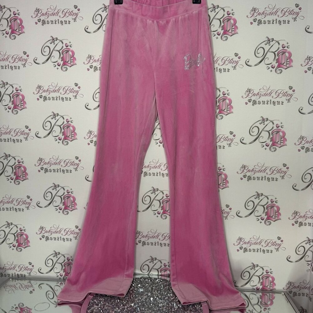 Barbie pants velvet pink bubblegum color luxurious soft sweet logo bling detail